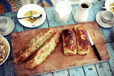 High angle view of breakfast served on table