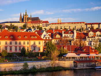 Buildings by river against sky in city