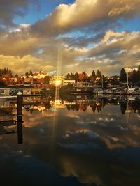 View of harbor at sunset