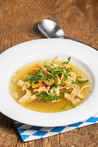 High angle view of soup in bowl on table