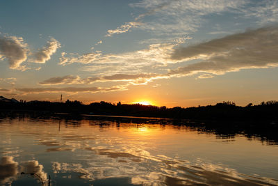 Scenic view of lake against sky at sunset