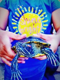 Midsection of caretaker holding turtle at zoo