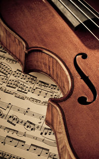 Close-up of violin on musical note