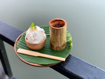 High angle view of dessert served on table