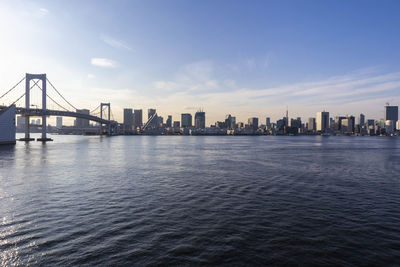 View of city at waterfront against cloudy sky