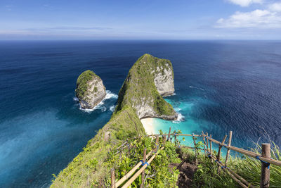 High angle view of rocks in sea against sky