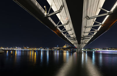 Illuminated bridge over river at night