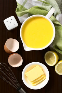 High angle view of breakfast on table