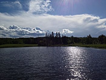 Scenic view of lake against cloudy sky