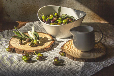 High angle view of fruits served on table