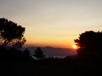 Silhouette trees on landscape against sky at sunset