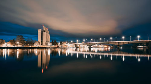 Reflection of illuminated buildings in water at night