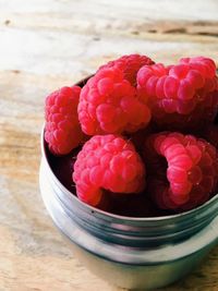 High angle view of strawberries on table