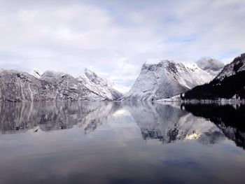 Scenic view of lake and snow covered mountains against sky