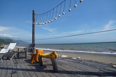 Dog by sea against sky