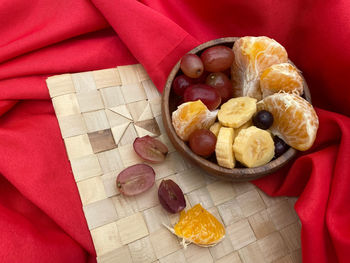 High angle view of fruits in bowl on table