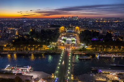 Aerial view of trocadero and the seine river in paris at sunset