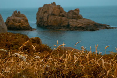 Scenic view of rocks by sea against sky