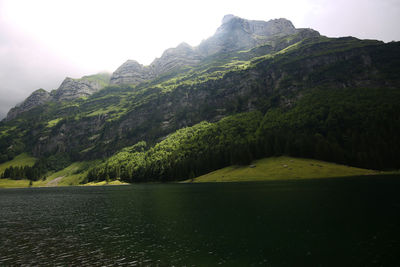 Scenic view of lake and mountains against sky