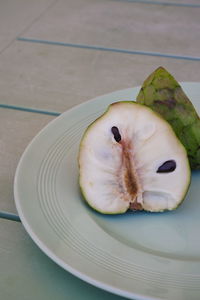 High angle view of bananas in plate on table