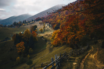 Scenic view of mountains against sky during autumn