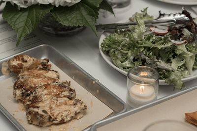 High angle view of food in plate on table