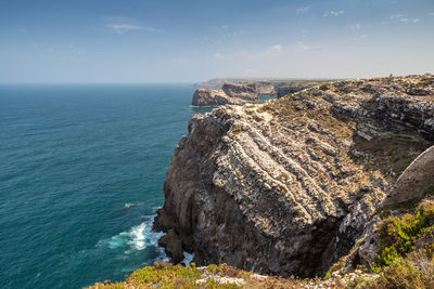 Rock formations by sea against sky