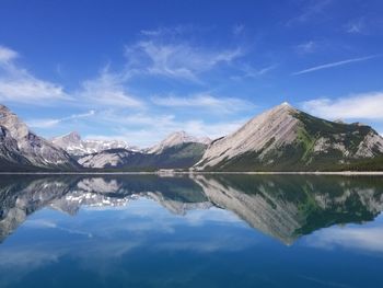 Reflection of mountain in lake against blue sky