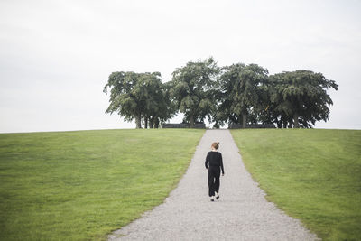 Rear view of young woman walking amidst grassy land against trees and sky