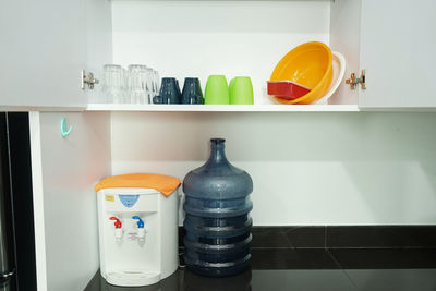 High angle view of bottles in kitchen