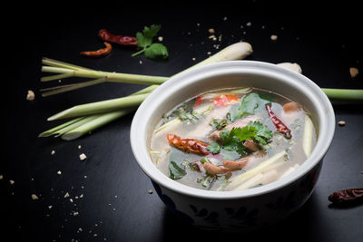 High angle view of soup in bowl on table