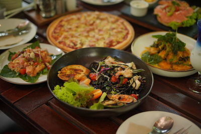 High angle view of food served on table