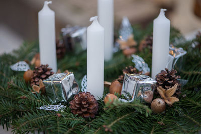 High angle view of christmas decorations on table