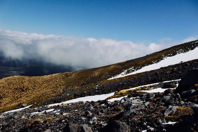 Scenic view of snow covered mountains against sky