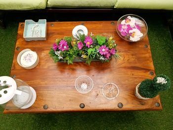 High angle view of flowers in vase on table