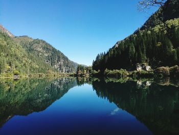 Scenic view of lake against clear blue sky