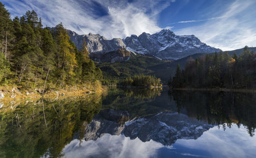 Scenic view of lake and mountains against sky