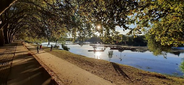 Scenic view of park by lake against sky