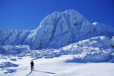 Person on snowcapped mountain against sky