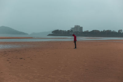 Rear view of man standing on shore against clear sky