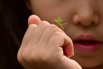 Midsection of woman with praying mantis