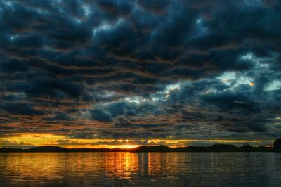 Reflection of clouds in lake at sunset