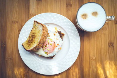 High angle view of breakfast served on table