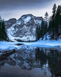 Scenic view of lake by snowcapped mountain against sky