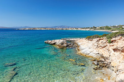 Scenic view of sea against clear blue sky