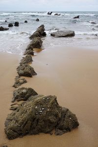 Scenic view of rocks on beach against sky