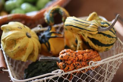 Close-up of fruits in basket for sale