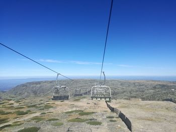 Overhead cable car over sea against sky