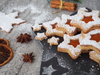 High angle view of cookies