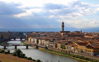 Bridge over river amidst buildings against sky